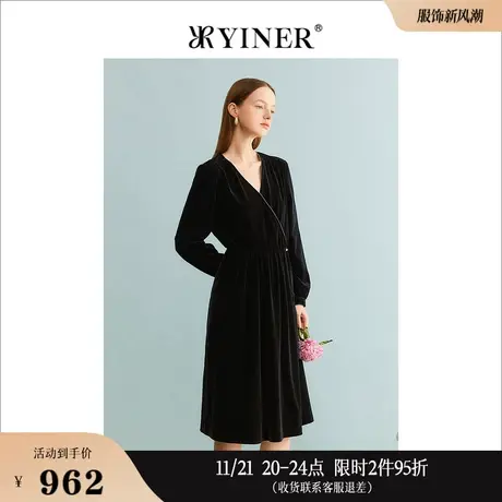 YINER音儿专选女装秋季仿真丝丝绒V领优雅收腰连衣裙图片