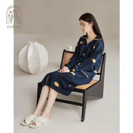 妮狄娅2024睡衣睡裙女春季纯棉翻领开衫宽松中长裙减龄春秋家居服图片