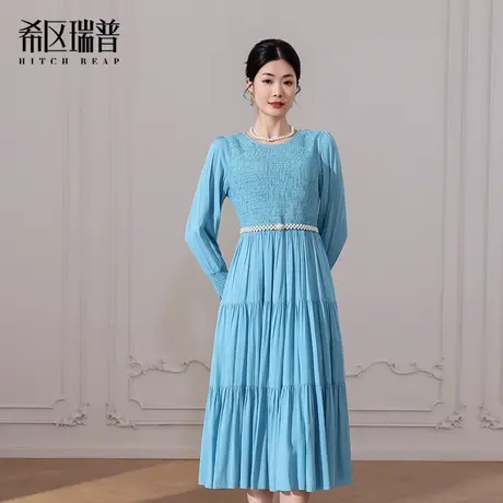 希区瑞普优雅浪漫连衣裙女春夏新款气质显瘦修身长袖纯棉长裙子图片