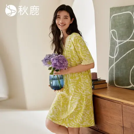 秋鹿蕾丝花边V领显瘦纯棉睡裙女2025夏季新款大码短袖睡衣可外穿图片