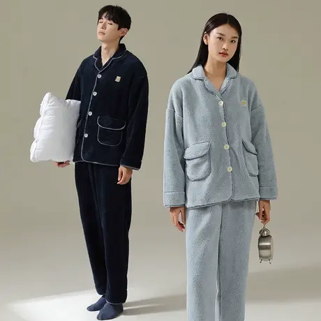 绮瑞情侣睡衣女款冬季珊瑚绒加绒加厚保暖男士秋冬外穿家居服套装图片