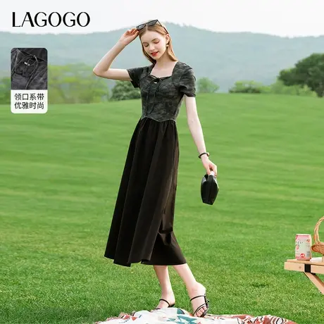LAGOGO拼接假两件扎染连衣裙女拉谷谷夏季新款方领收腰长款裙子图片