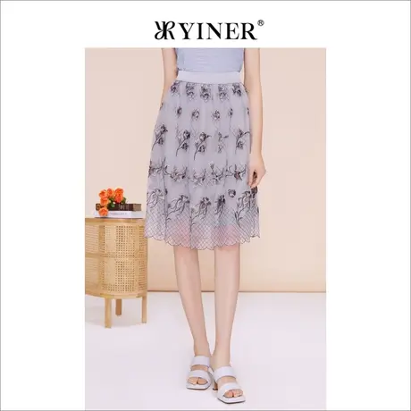 YINER音儿线上专选女装2023夏季花朵刺绣法式压褶网纱半身裙图片