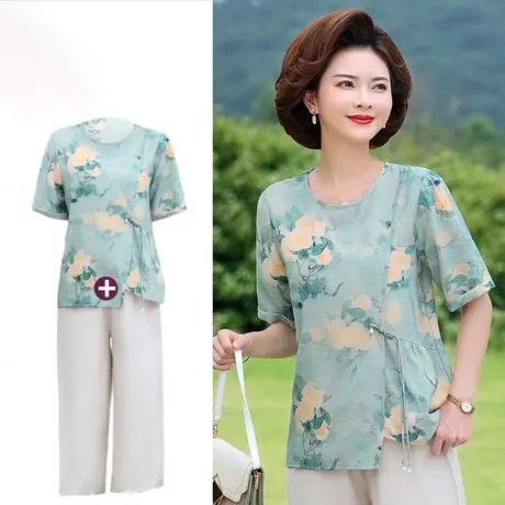 中老年女装妈妈洋气夏装新款国风大码时尚休闲套装老太太衣服短袖图片