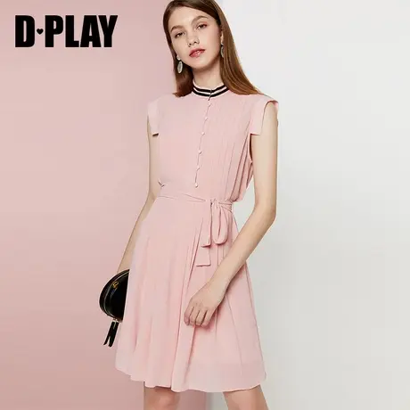 DPLAY德帕拉夏新品欧美粉色立领单排扣气质小清新连衣裙图片