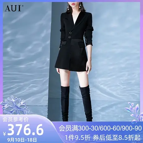 AUI职业气质醋酸缎面连衣裙女2023春秋新款小个子黑色长袖西装裙图片