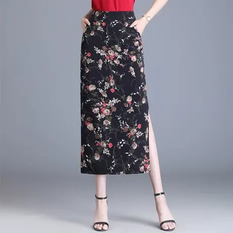 双开叉冰丝碎花筒裙半身裙女夏季2025新款高腰显瘦包臀裙中长裙子图片