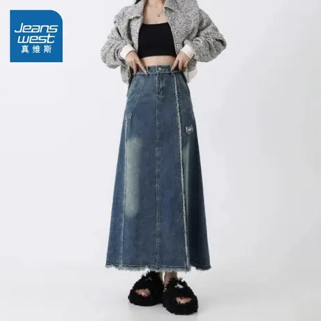 KF真维斯女装2025春季新款港风复古设计感开叉蓝色牛仔半身裙子女图片