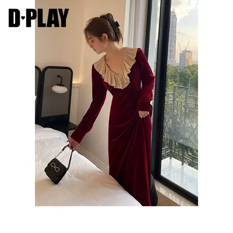 DPLAY2023法式名媛复古酒红色垂感丝绒裙长裙订婚服敬酒服回门服图片