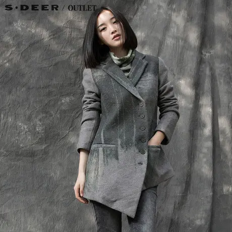 s.deer圣迪奥2016冬装新款女装灰色中长款毛呢大衣外套S15481769图片