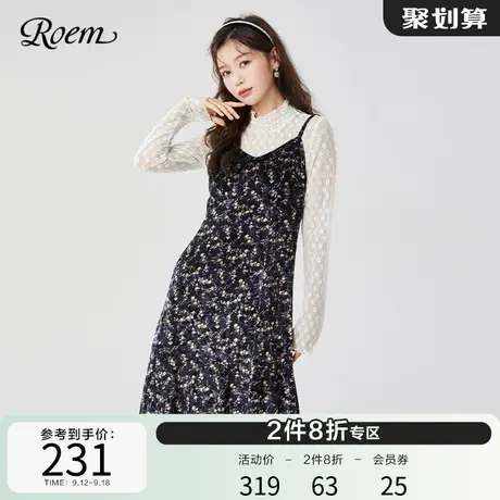 Roem淑女时尚吊带裙韩版秋季新款v领优雅肩带设计打底碎花裙子图片