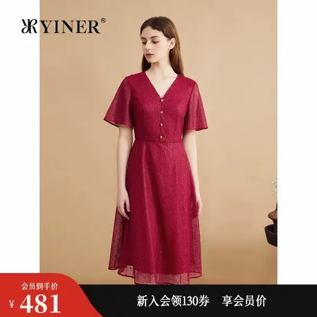YINER音儿专选秋季法式重工刺绣肌理V领蕾丝连衣裙图片
