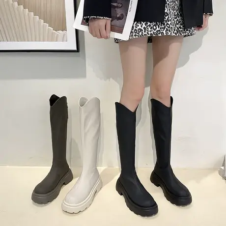 长筒靴女2023春秋季新款法式复古小个子瘦瘦靴粗跟厚底v口骑士靴商品大图