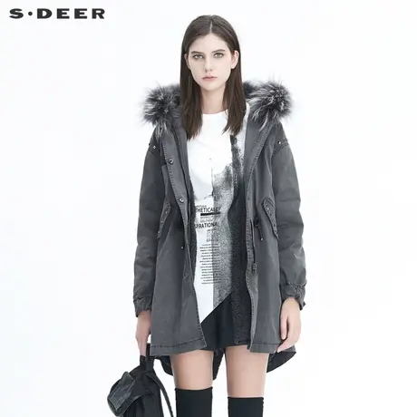 sdeer圣迪奥冬毛领连帽字母收腰铆钉两件套长款工装棉服S20462303商品大图