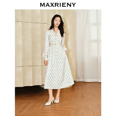 MAXRIENY精致复古感中长收腰散摆连衣裙宫廷风裙子薄荷曼波风穿搭图片