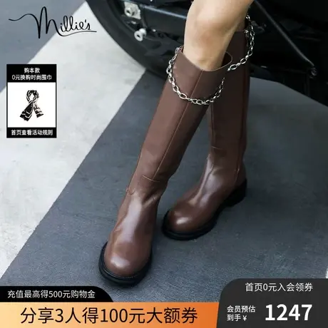 millie's妙丽冬新款牛皮金属链条高筒女骑士长时装靴26771DG2图片