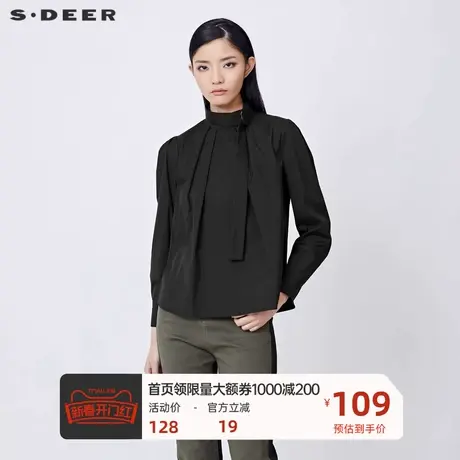 sdeer圣迪奥女装时尚立领压褶不规则黑色长袖衬衫S21460513商品大图