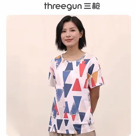 三枪短袖女纯棉印花宽松简约中老年妈妈背心薄款全棉透气T恤汗衫图片