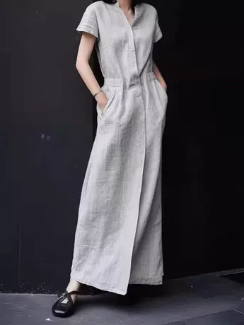 纯诗曼夏装新款短袖棉麻衬衫连衣裙女气质灰色亚麻长款名媛裙子潮图片