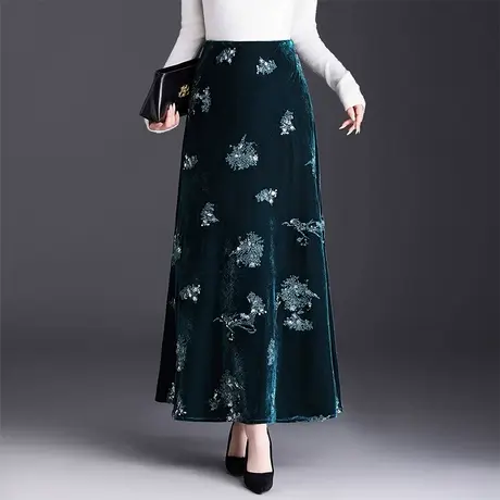 2025秋季新款国风刺绣丝绒半身裙女高腰显瘦A字裙优雅气质长裙子图片