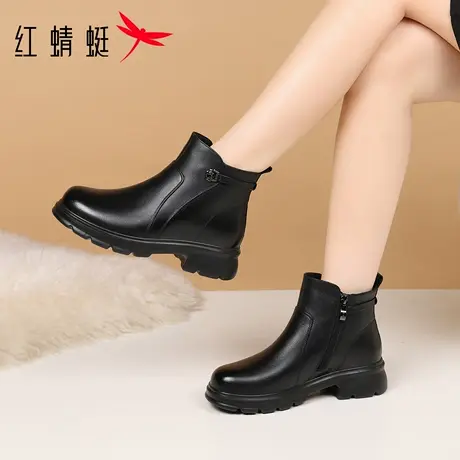 红蜻蜓冬季女鞋女士靴子女短靴真皮加绒加厚高帮皮靴妈妈棉靴皮鞋图片