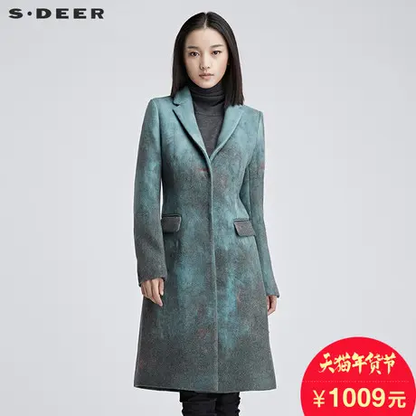 sdeer圣迪奥2018冬装灰蓝纵横涂抹晕染长款毛呢大衣女S16481794图片