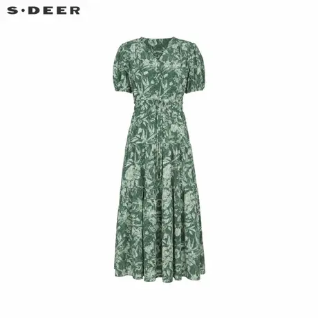 【直播间专属】sdeer圣迪奥清新V领收腰印花短袖连衣裙S242Z12V1图片
