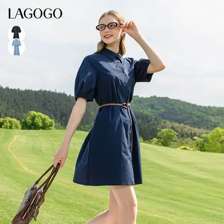 LAGOGO简约翻领宽松腰带连衣裙女拉谷谷夏季新款A字休闲纯色裙子图片