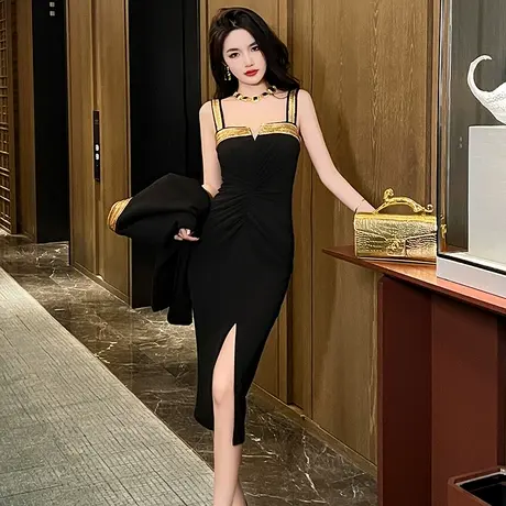 法式轻奢御姐风背带连衣裙女新款拼接亮片设计感小众开叉吊带裙子图片