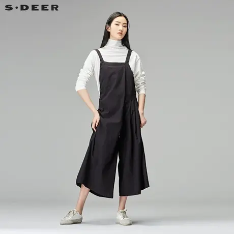 sdeer圣迪奥2019春装学院风简约纯色棉麻背带阔腿裤女S18180819商品大图