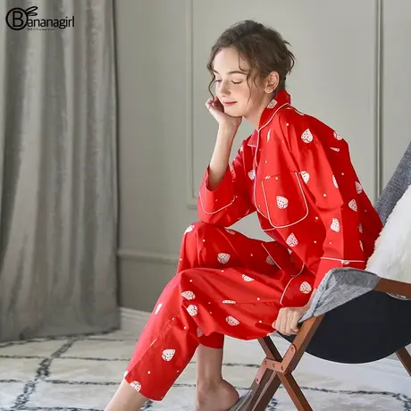 香蕉女孩春季纯棉情侣睡衣甜美少女长袖家居服时尚简约全棉套装新图片