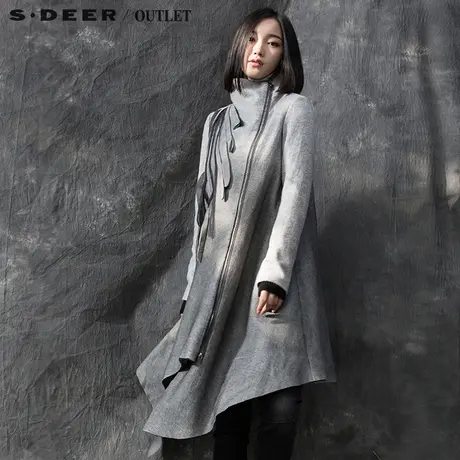 sdeer圣迪奥女2017冬装宽松灰调布条装饰中长款毛呢大衣S15481813图片