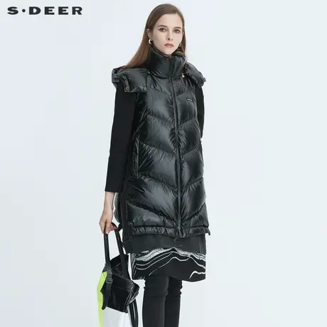 sdeer圣迪奥冬季女装高领连帽黑色中长款羽绒马甲背心S20481603商品大图
