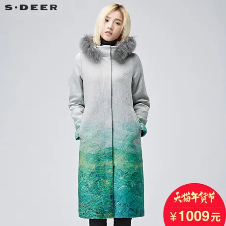 sdeer圣迪奥2018冬新品廓形印花毛领长款连帽风衣外套女S16481861图片
