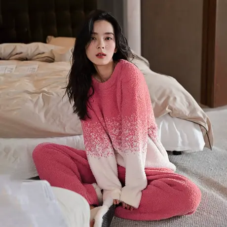 婷美冬季珊瑚绒睡衣女长袖保暖加厚半边绒高颜值家居服秋冬天套装图片