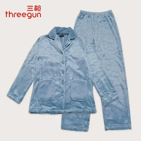 三枪法兰绒家居服男冬季加厚翻领开襟珊瑚绒睡衣套装女情侣起居服图片