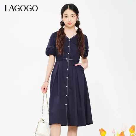 LAGOGO气质藏青色通勤连衣裙女拉谷谷春夏新款V领收腰A字中长裙图片