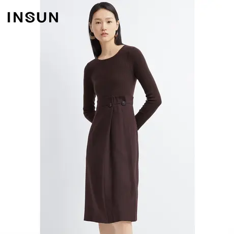 INSUN恩裳冬季温莎酒红修身四面弹连衣裙图片