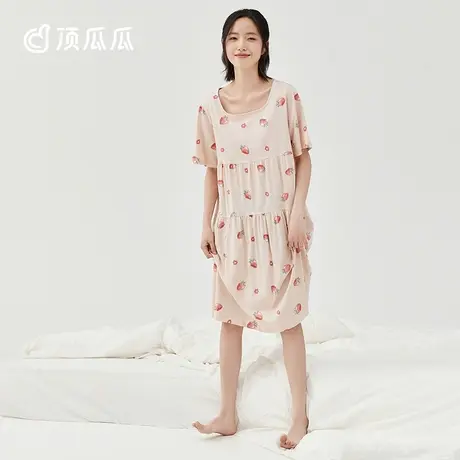 顶瓜瓜睡裙女春秋款纯棉带胸垫短袖草莓印花睡衣女夏季图片