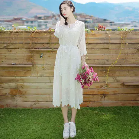 夏季新品女装两件套中长款长袖蕾丝连衣裙波西米亚海边度假沙滩裙图片