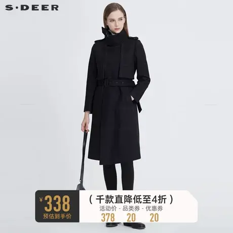 sdeer圣迪奥女装休闲立领撞色格纹收腰H型毛呢大衣S20461812图片