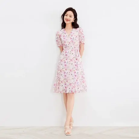【百补穿搭馆】蒂尔夏季气质茶歇裙子V领收腰连衣裙女图片