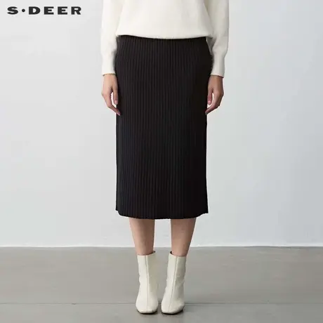 sdeer圣迪奥女装简约松紧高腰肌理针织直筒长裙S23481113图片