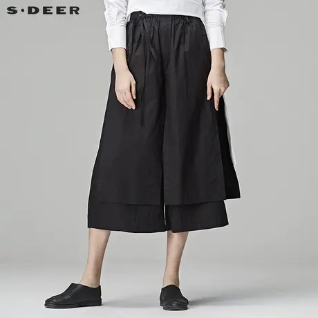 sdeer圣迪奥2019春装酷黑松紧飘带宽松阔腿裤九分裤女S18180801商品大图