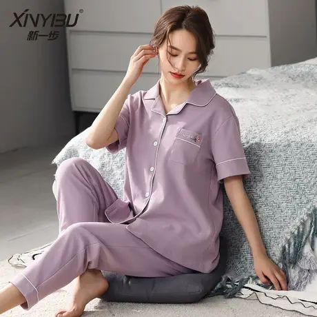 新一步开衫短袖长裤睡衣女夏季薄款妈妈可外穿家居服纯棉全棉套装图片