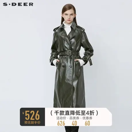sdeer圣迪奥冬复古翻领收腰双排扣PU皮长款大衣S21481843图片