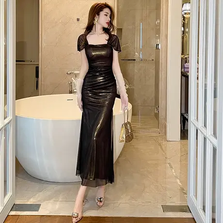 性感别致赫本风轻奢网纱连衣裙女装紧身开叉显身材褶皱包臀长裙子图片