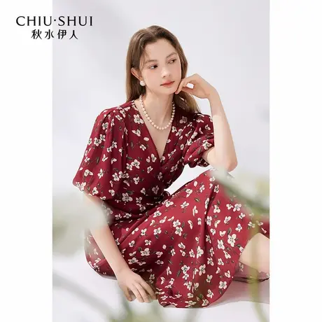 【晶晶姐妹专属】秋水伊人法式红色碎花连衣裙夏女气质V领茶歇裙图片