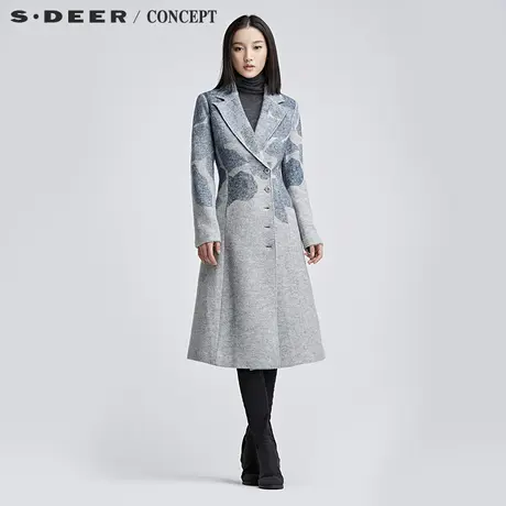 sdeer圣迪奥女装灰蓝脉络印花斜襟长款大衣S16481862图片