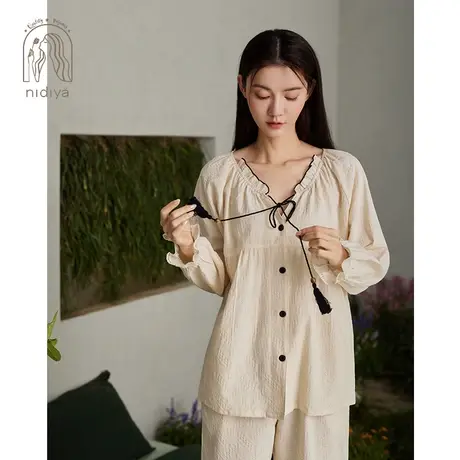 妮狄娅2024睡衣女春季v领长袖开衫款春秋复古时尚外穿家居服套装图片